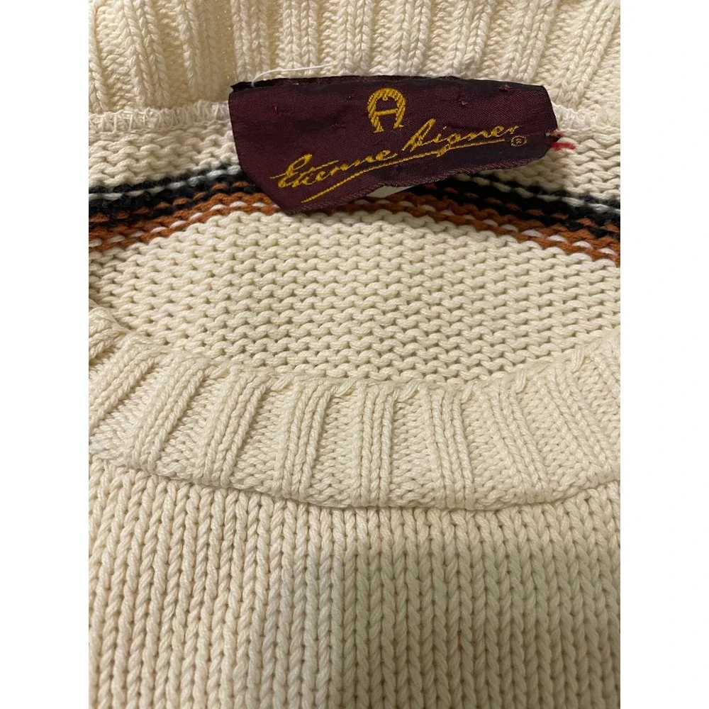 Etienne Aigner Sweater Womens Small Cream Striped Crewneck Knit Pullover Vintage